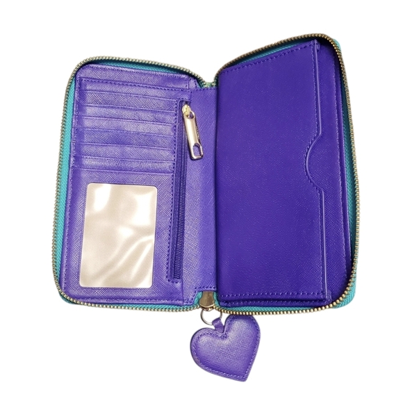 Talbots Women's Tiffany Blue Leather Zip Around Wallet With Heart Zipper Pull - Picture 3 of 8